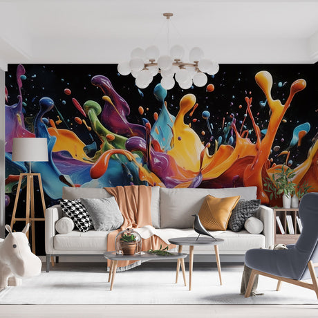 Abstract color splash wallpaper in modern minimalist living room, creating a bold artistic focal point against white furniture