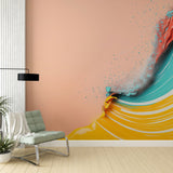 Abstract wave wallpaper in modern living room, coral and turquoise tones creating movement across white walls