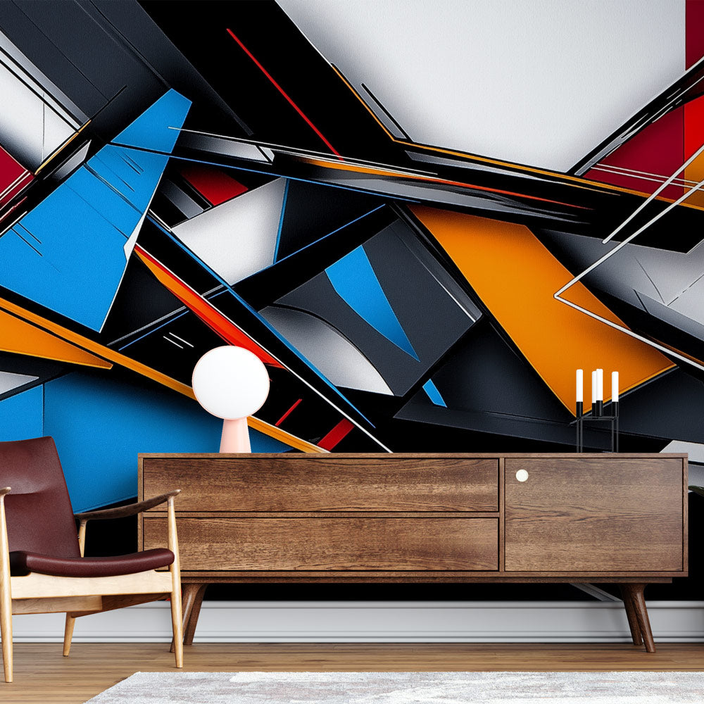 Modern Abstract Geometric Wallpaper showcasing bold blue and orange lines in a stylish contemporary living room setting