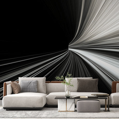 Modern abstract light speed wallpaper creating depth in a minimalist living room with sleek furniture