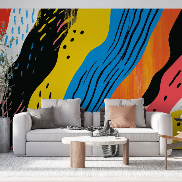 Abstract wave wallpaper creating a bold statement wall in a modern minimalist living room with white furniture