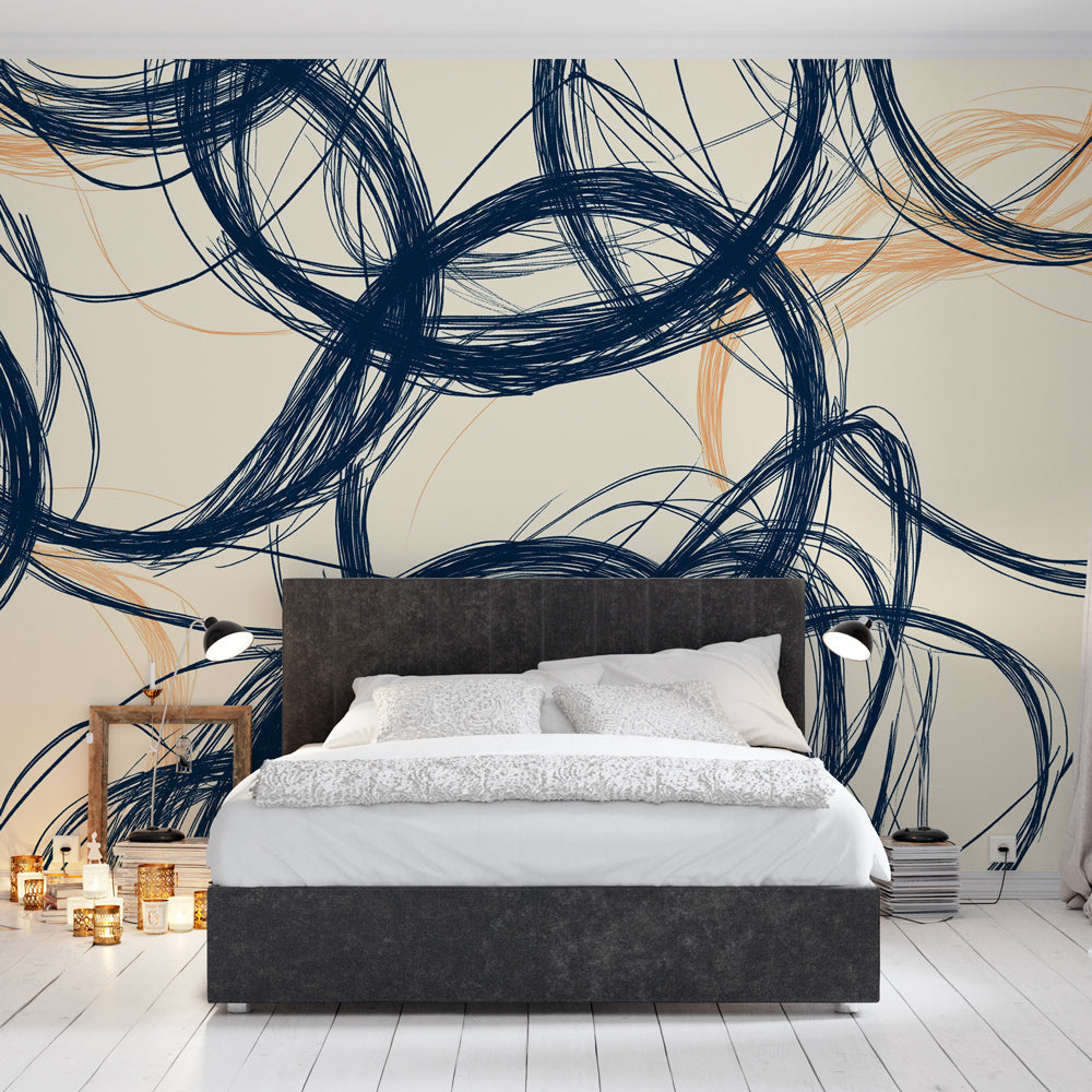 Modern living room featuring Navy Blue Abstract Wallpaper with curved patterns, creating a sophisticated and dynamic atmosphere
