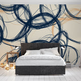 Modern living room featuring Navy Blue Abstract Wallpaper with curved patterns, creating a sophisticated and dynamic atmosphere