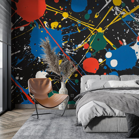 Abstract paint splash wallpaper mural in a modern minimalist living room with white furniture and natural lighting