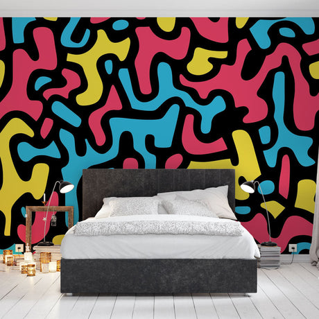 Abstract pattern wallpaper creating a bold statement wall in a modern living room with minimalist furniture