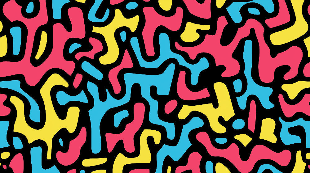 Dynamic pop art pattern design file showing flowing shapes in turquoise, coral and yellow on black