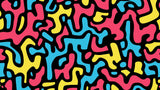 Dynamic pop art pattern design file showing flowing shapes in turquoise, coral and yellow on black