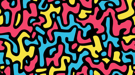 Dynamic pop art pattern design file showing flowing shapes in turquoise, coral and yellow on black