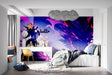 Abstract purple and blue wallpaper mural creating a modern statement wall in a minimalist living room