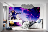 Abstract purple and blue wallpaper mural creating a modern statement wall in a minimalist living room