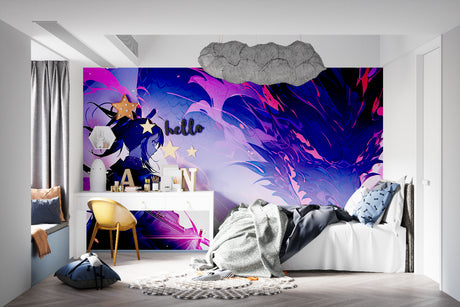 Abstract purple and blue wallpaper mural creating a modern statement wall in a minimalist living room