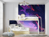 Modern abstract wall mural with purple tones making a bold statement in a home office