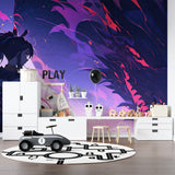Purple and blue abstract wallpaper design bringing energy to a contemporary bedroom
