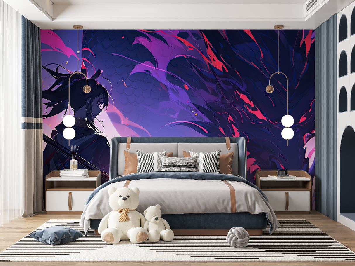 Dynamic abstract mural wallpaper transforming a modern dining room with purple and blue hues