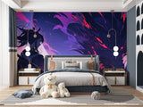 Dynamic abstract mural wallpaper transforming a modern dining room with purple and blue hues