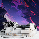Abstract wall mural in purple and blue tones creating depth in a creative studio space