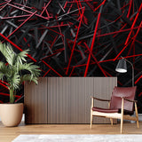 Restaurant interior featuring striking red and black abstract geometric wallpaper