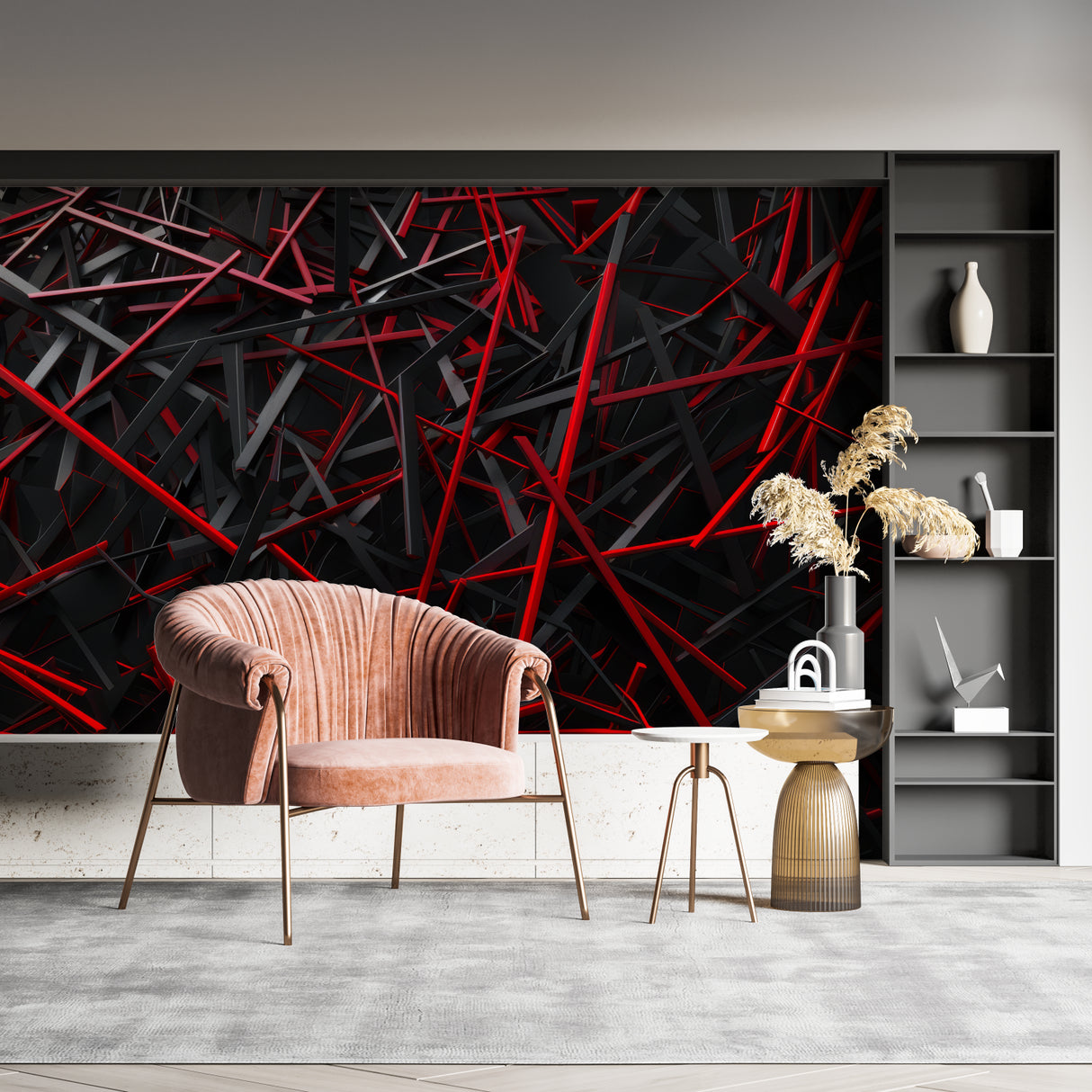 Modern hallway with dynamic 3D geometric pattern wallpaper in red and black