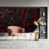 Modern hallway with dynamic 3D geometric pattern wallpaper in red and black