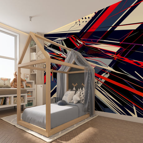 Modern abstract wallpaper with red and navy geometric pattern in a minimalist living room setting