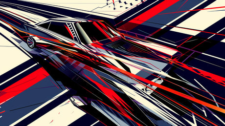 Design file showing geometric abstract pattern with sharp red and navy shapes