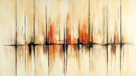 Modern living room featuring Abstract Sound Wave Wallpaper with orange and black dynamic pattern creating a bold artistic statement