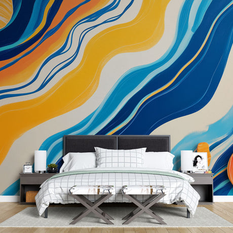 Abstract wave wallpaper making a bold statement in a modern living room, blue and orange waves creating depth and movement
