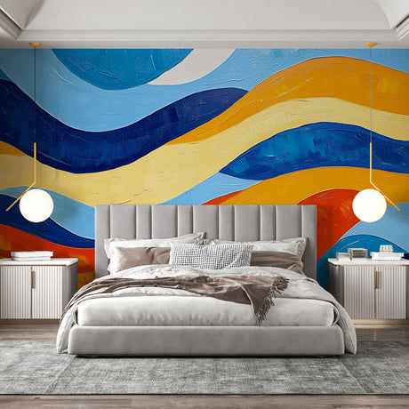 Abstract wave wallpaper in modern living room, showing flowing blue and orange pattern creating depth and movement