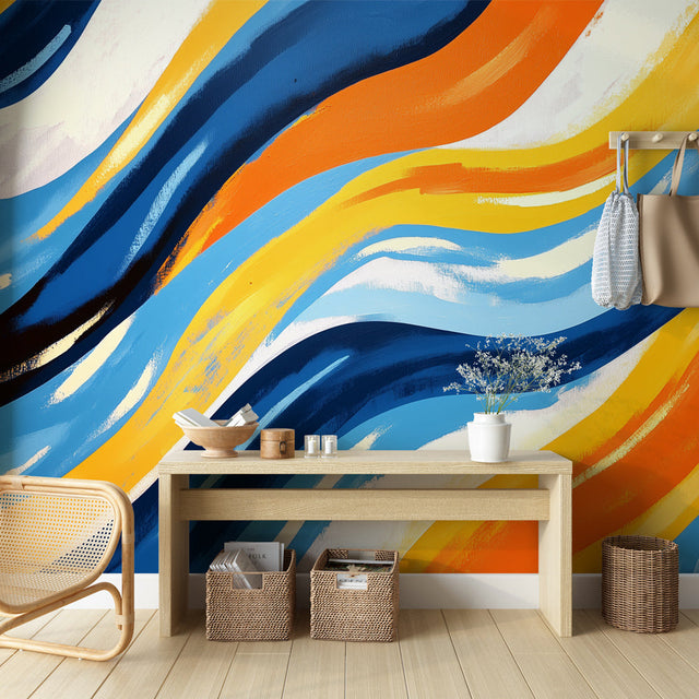 Abstract wave wallpaper with blue and orange tones shown in a modern living room setting, creating dynamic movement and energy