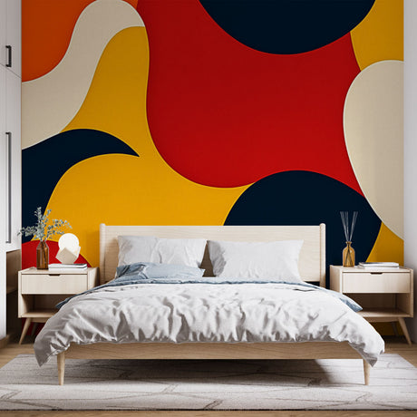 Abstract wave wallpaper creating a modern statement wall in a bright living room with minimalist furniture