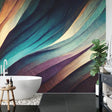 Abstract wave wallpaper in modern living room showing teal and purple flowing design