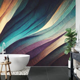 Abstract wave wallpaper in modern living room showing teal and purple flowing design