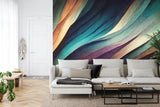 Teal and purple abstract wall mural in minimalist bedroom setting