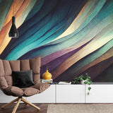 Contemporary office space featuring abstract wave wallpaper in rich teal tones