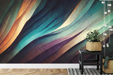 Modern dining room with purple and teal abstract wave mural