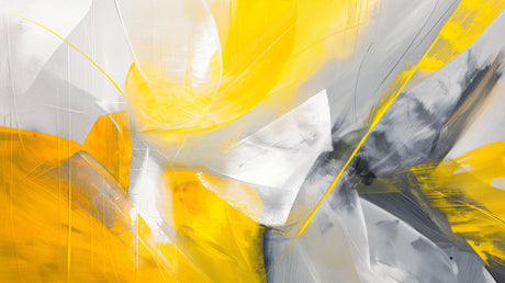 Abstract yellow and grey brushstroke mural wallpaper creating a bright, modern atmosphere in a minimalist living room