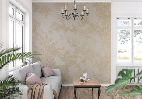 Abstract beige and gold wallpaper in modern living room, creating an elegant atmosphere with natural light
