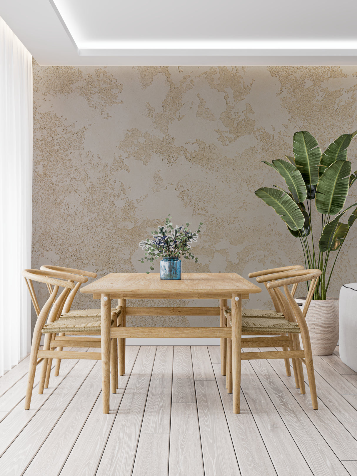 Gold abstract wall mural in master bedroom showing soft pattern movement
