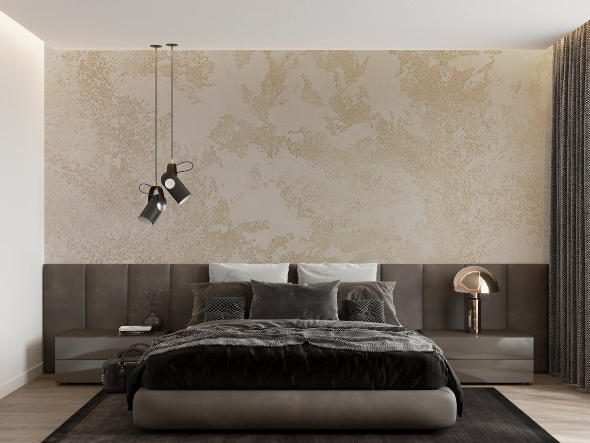 Beige abstract wallpaper in dining room with evening lighting highlighting gold details