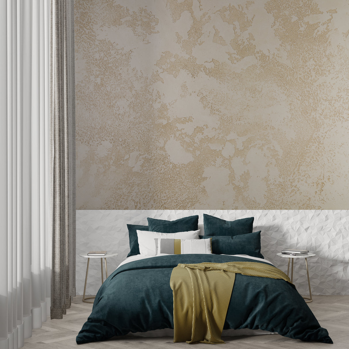 Modern abstract wall mural in home office showing scale and texture