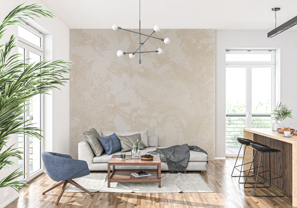 Abstract gold pattern wallpaper in hallway creating depth and movement