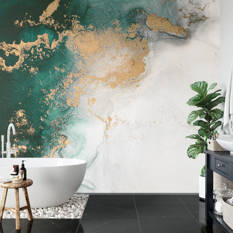 Emerald green and gold marble effect wallpaper in a modern living room setting with minimal furniture