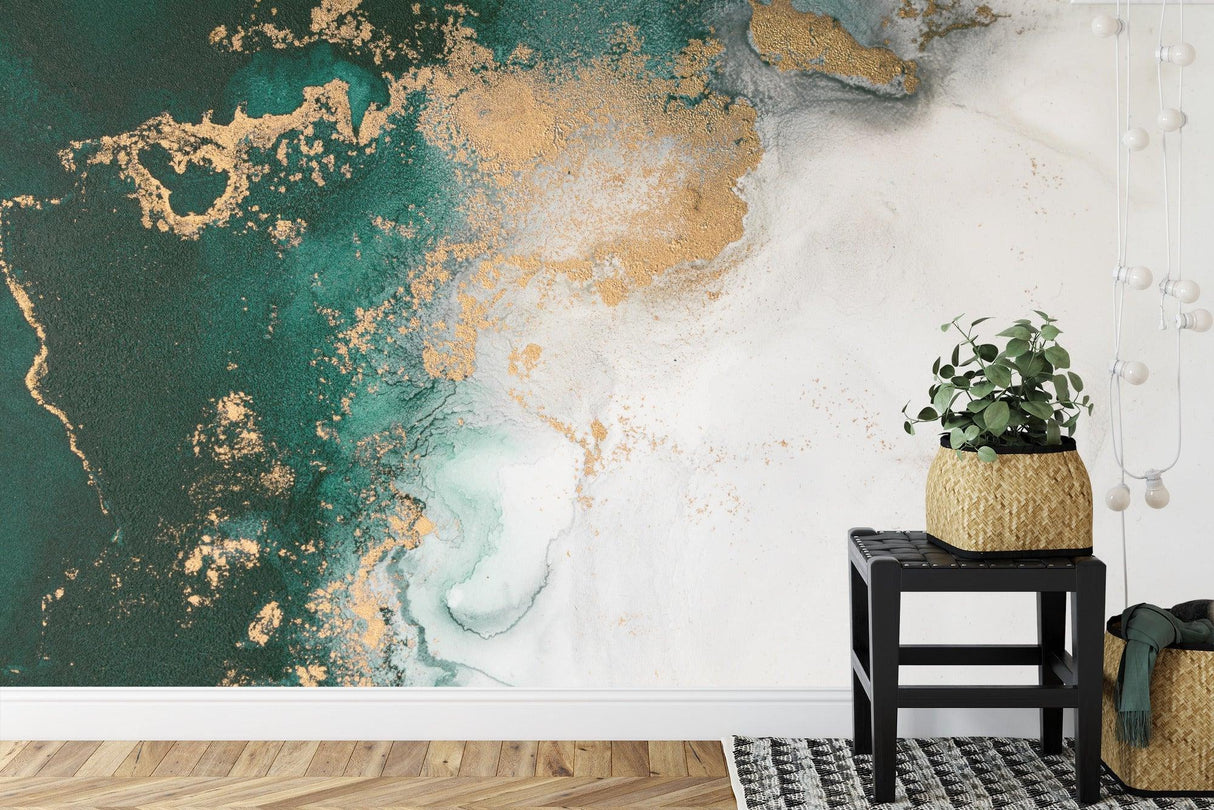 Abstract marble wallpaper creating a focal point in a luxury home office with gold accents