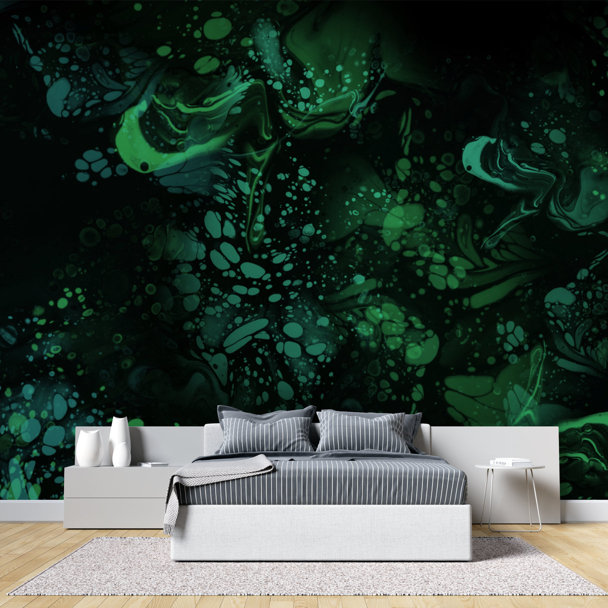 Emerald green marble effect wallpaper in modern living room showing flowing abstract pattern