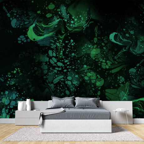 Emerald green marble effect wallpaper in modern living room showing flowing abstract pattern