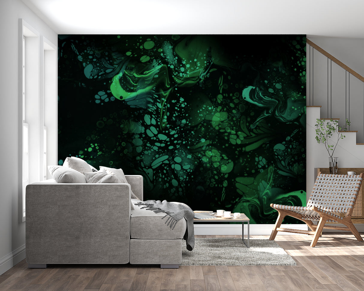 Abstract emerald marble wallpaper creating luxury feel in master bedroom