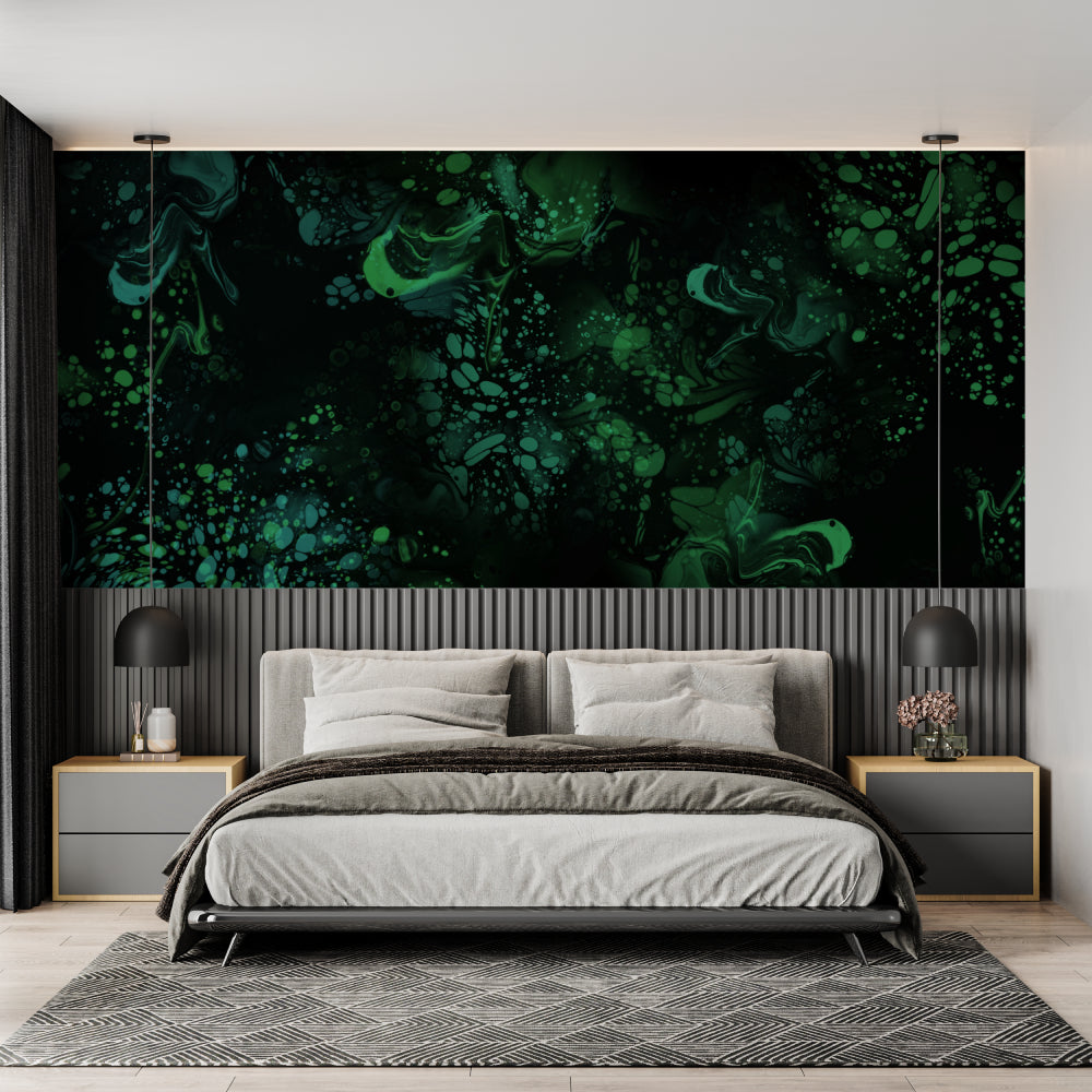 Green marble effect wall mural in contemporary dining room setting