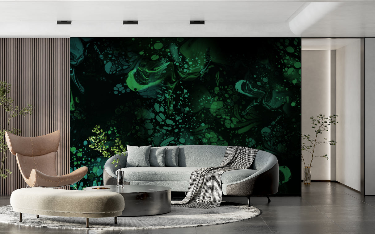 Emerald abstract wallpaper bringing depth to home office space