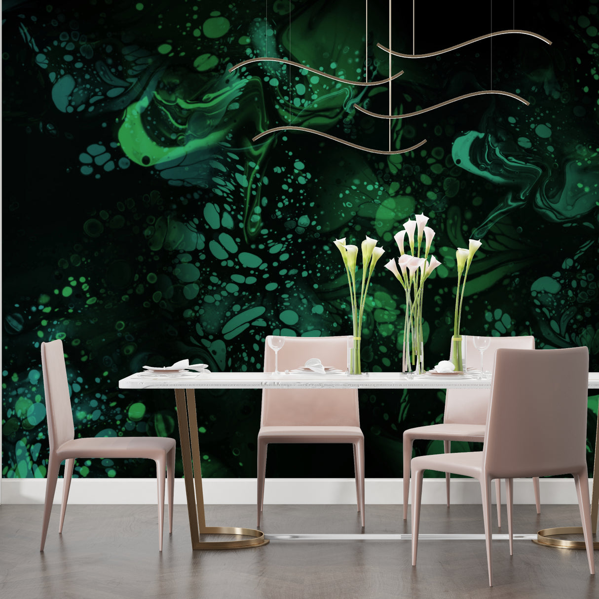 Abstract green marble effect feature wall in modern entrance hallway