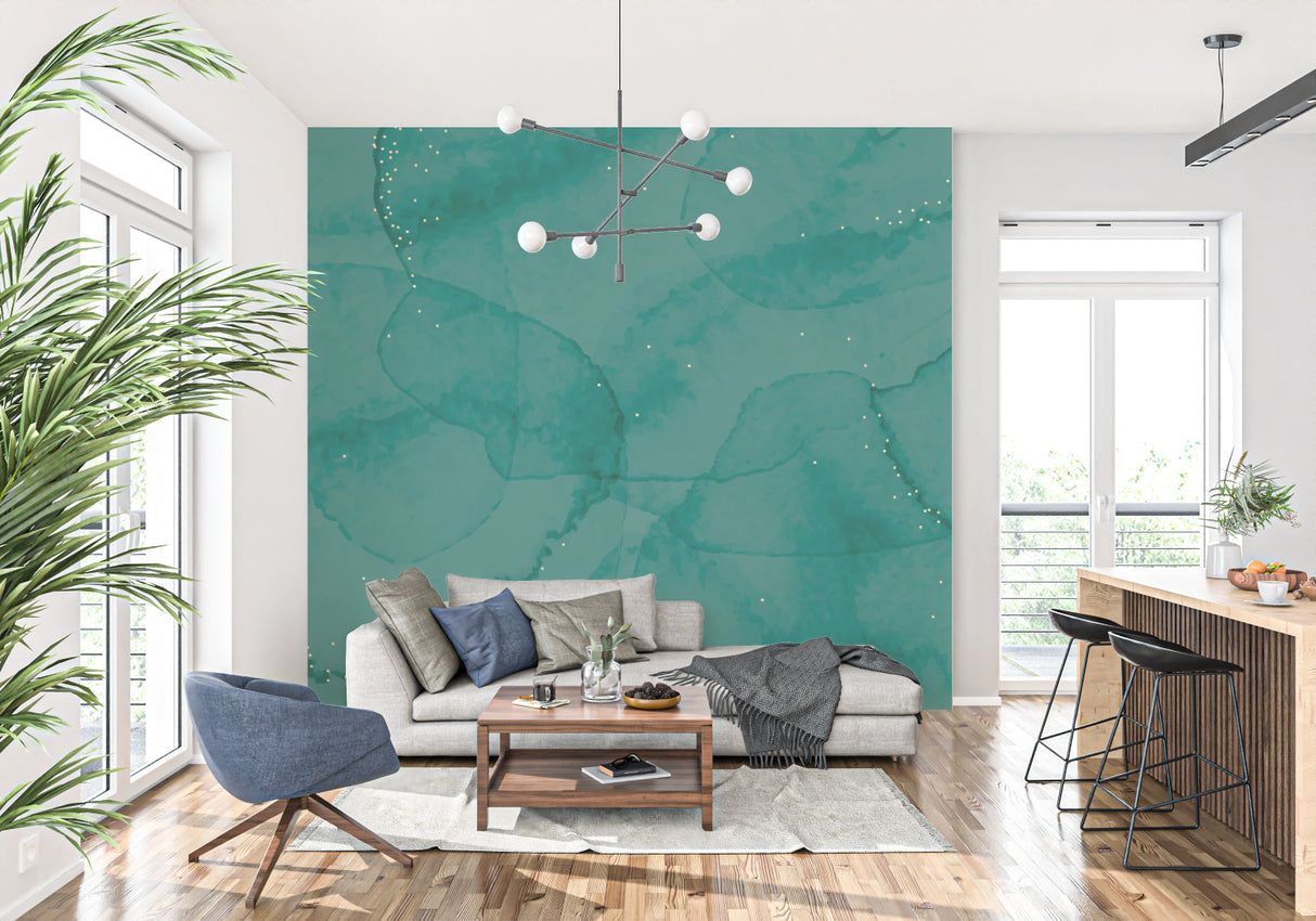 Emerald abstract wallpaper with golden details in master bedroom setting